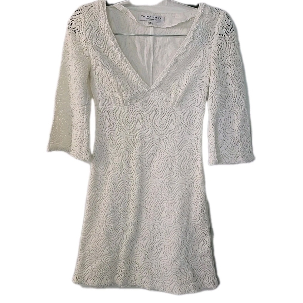 Trina Turk Los Angeles White Lace‎ Dress with Beads Size 2 Balloon Sleeves
